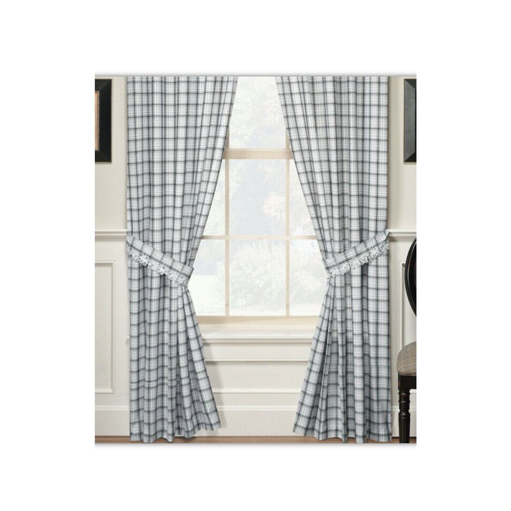 New DOVER Fine Embroidered Curtain Panel Pair With Tie Backs 80x63 Plaid